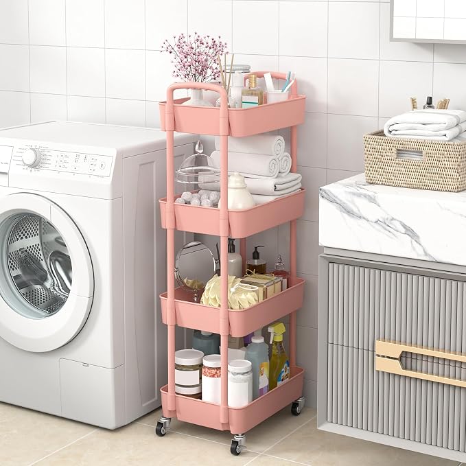 Sywhitta 4-Tier Plastic Rolling Utility Cart with Wheels for Storage, Pink | Multi-Functional Storage Trolley, for Office, Living Room, Kitchen, Bathroom,Movable Organizer,Space-Saving,Easy to assemble