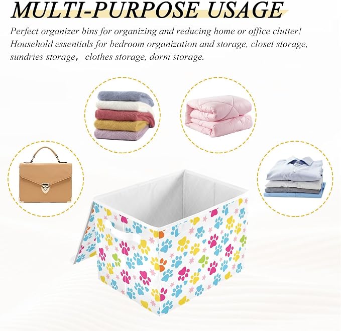 Storage Bins with Lid Bright Paw Print Foldable Storage Boxes 40L Baskets | Decorative Storage Boxes, Dust-Proof Flip Top, Reinforced Handles, For Home & Bedroom, Clothes & Toy Box, Oxford Fabric Print