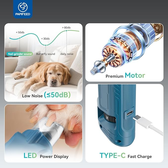 PAPIFFEED Pet Nail Grinder with Nail Clipper Kit, 6 Speed Adjustable Dog Nail Trimmer with LED Light, Rechargeable Pet Nail File with Dust Proof & Type-C Charging (Blue Set)