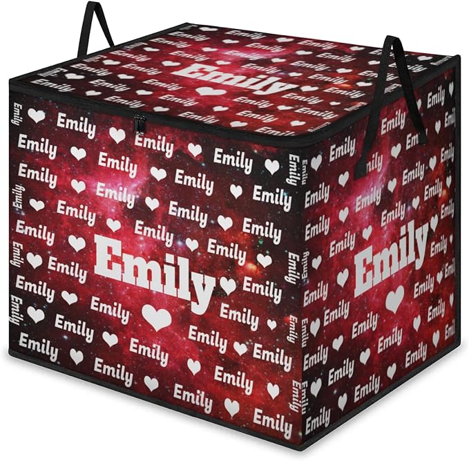 Personalized Name Large Storage Basket with Lid, Canvas Storage Bins Quilt Clothes Organizer for Bedroom, Kitchen, Bathroom, Nursery, Shelves, Closets, Love Heart Red Galaxy