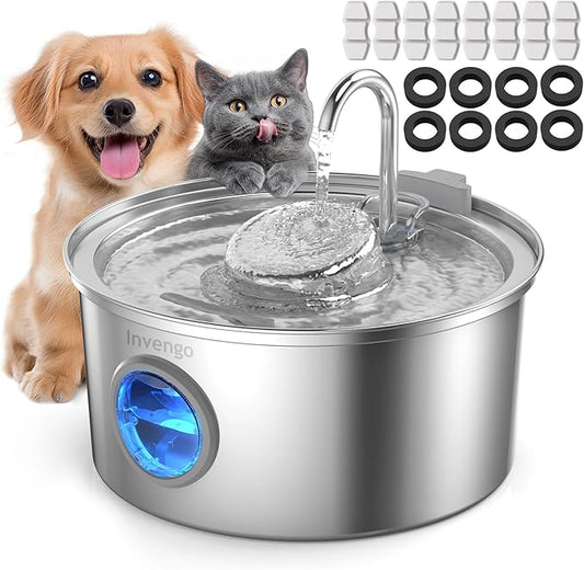 Invengo Cat Water Fountain Stainless Steel, 3.2L/108oz Pet Drinking Fountain for Cats Dogs, Automatic Cat Fountain with 2 Flow Modes, Splash-Proof Bowl, Includes 8 Replacement Filters