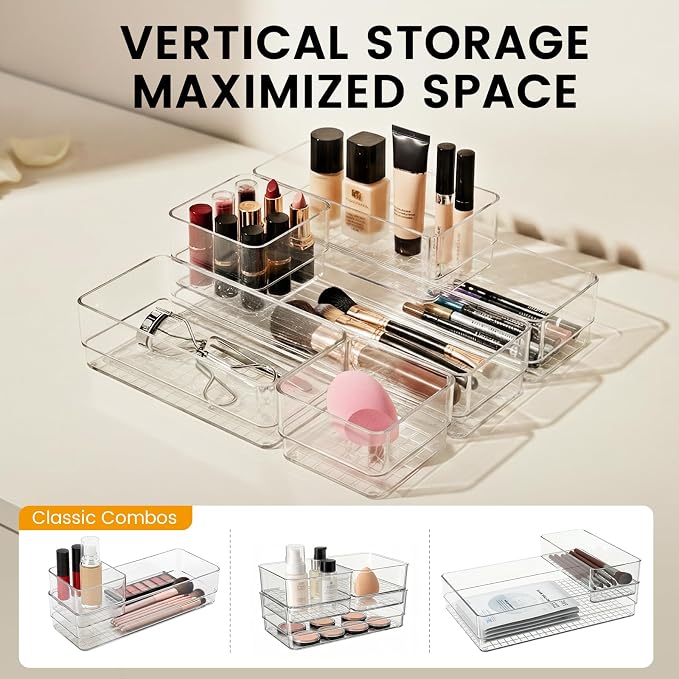 6 PCS Clear Plastic Drawer Organizer Set, 2 Sizes Acrylic Drawer Storage Trays Non Slip Storage Bins for Makeup, Jewelry, Gadgets for Kitchen, Bedroom, Bathroom, Office