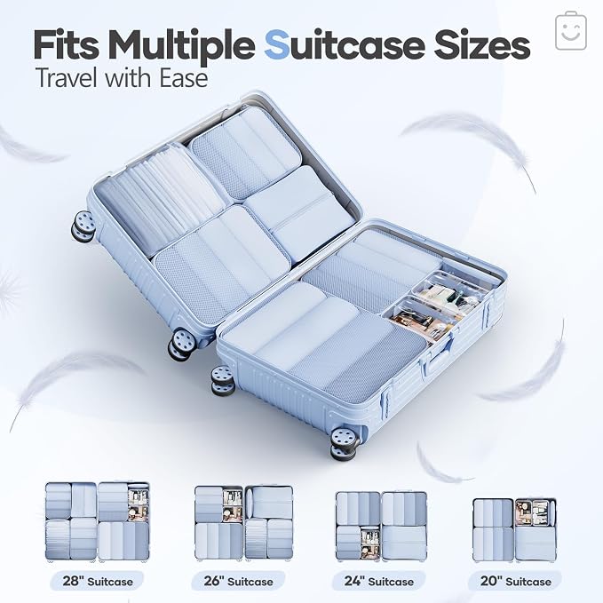 Veken 11 Set Compression Packing Cubes Garment Bags for Travel Essentials,Compressible Expandable Luggage Organizer Bags for Clothing,Space Saver Bags with Over 1000 pcs of Mesh Holes(Light Blue)