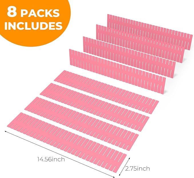 Adjustable Drawer Dividers, Cut to Fit Plastic Organizer Strips, 8-Pack | Plastic Drawer Dividers for Organizing Utensils Socks Underwear Makeup in Kitchen Bedroom Drawers Bins Fridge Compartments
