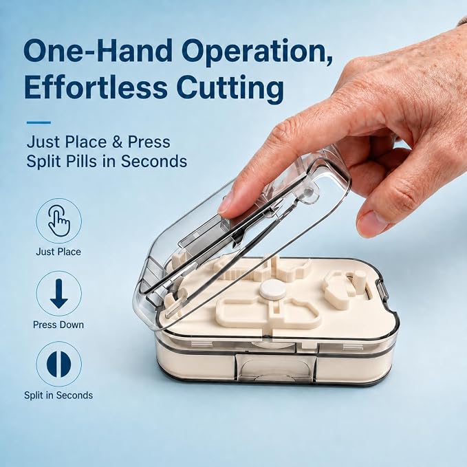 Precision Pill Splitter - Even & Accurate Tablet Cutting, Sharp Stainless Steel Blade, Easy Open Design, Safe & Portable for Small & Large Pills, Ideal for Daily Medication (Cream-Colored)