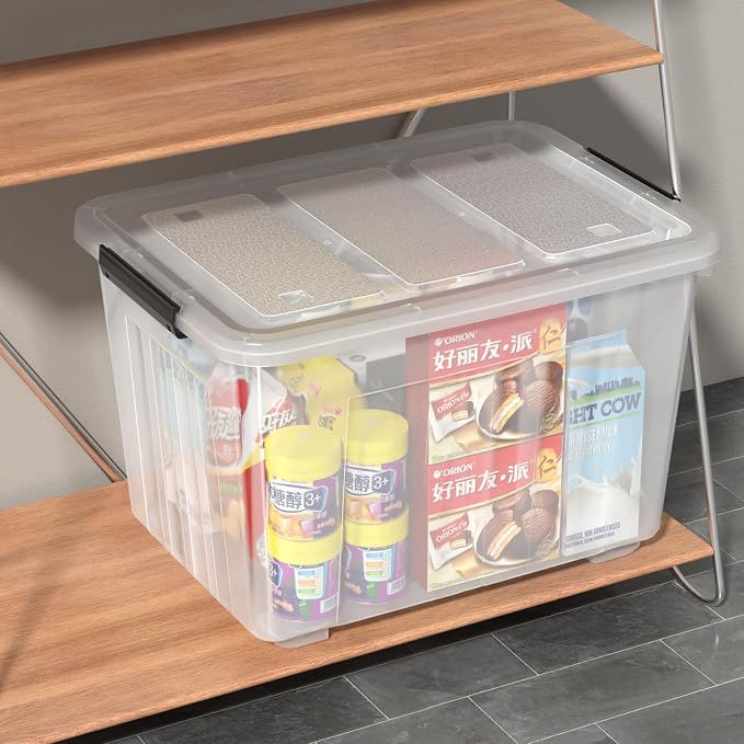 70 L Large Clear Storage Box, 4-Pack Storage Bin with Lid & Wheels | Durable Plastic Material, with Black Latches