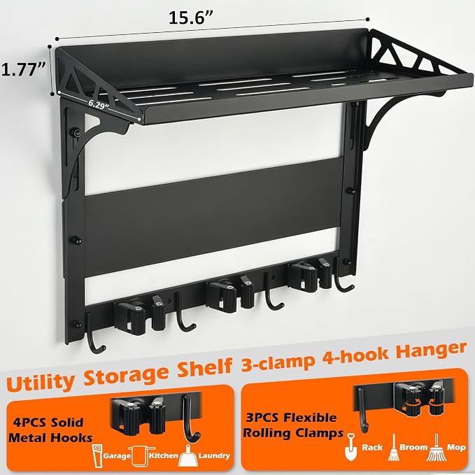 MUTUACTOR Heavy Duty Magnetic Broom Holder,Anti-slip Magnetic Tool Rack with Top Utility Shelf, Easy Assembly Broom Mop Organizer for Refrigerator Metal Cabinet Laundry Room Kitchen,3-Clamps 4-Hooks
