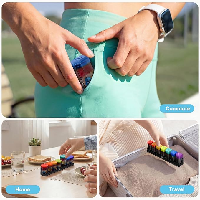 Medium-Large Weekly Pill Organizer 1 Time a Day, Multi-Colored | BPA-Free, Spill-Resistant, Detachable 1-a-Day Boxes, for Vitamins & Medication, Travel-Friendly, Velvet Pouch