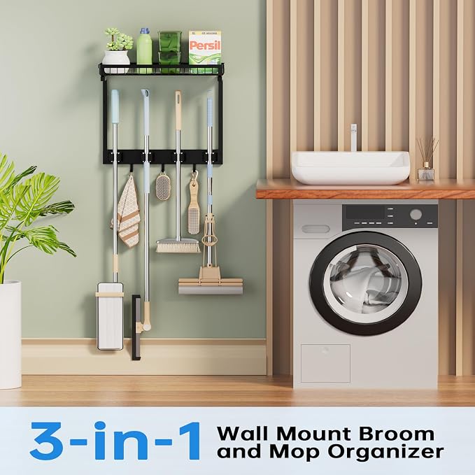 Broom Holder Wall Mount, Mop Organizer with Cleaning Tools Storage Shelf | Sturdy Metal Barn Cleaning Supplies Holder Gripper Hooks, Utility Hanger Closet Organizer for Home Improvement Garage Kitchen
