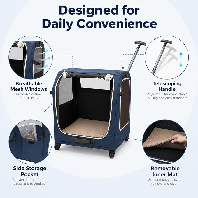 Foldable Rolling Pet Carrier Crate with Telescoping Handle | Soft-Sided Mesh Vents, 4 Smooth Wheels, Removable Inner Mat, Compact Flat Storage, Small to Medium Pets
