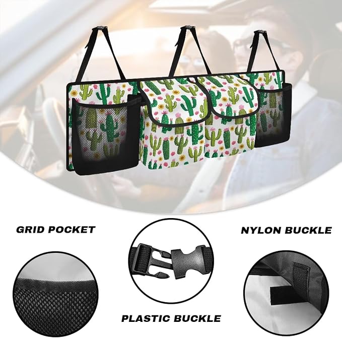 Dreaweet Green Cactus Print Trunk Organizer for Car Collapsible Car Organizers and Storage with 4 Pockets Hanging Back Seat Organizer Car Storage Accessories Interior for Women