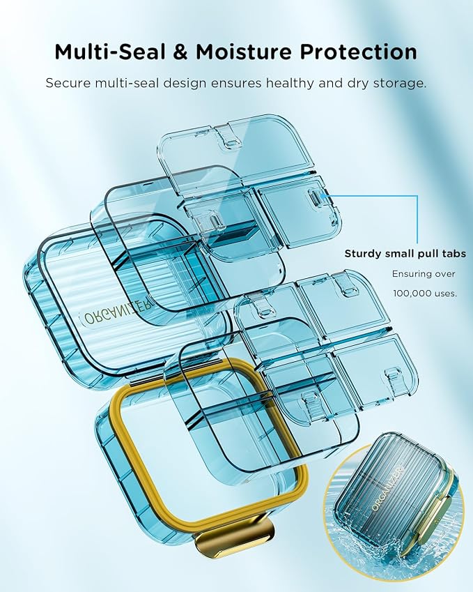 Acedada Small Pill Box, Travel Pill Case, Pill Container for Purse, Blue | Moistureproof 7 Compartments Daily Pill Container, Portable Medicine Vitamin Holder Organizer for Supplements Fish Oils