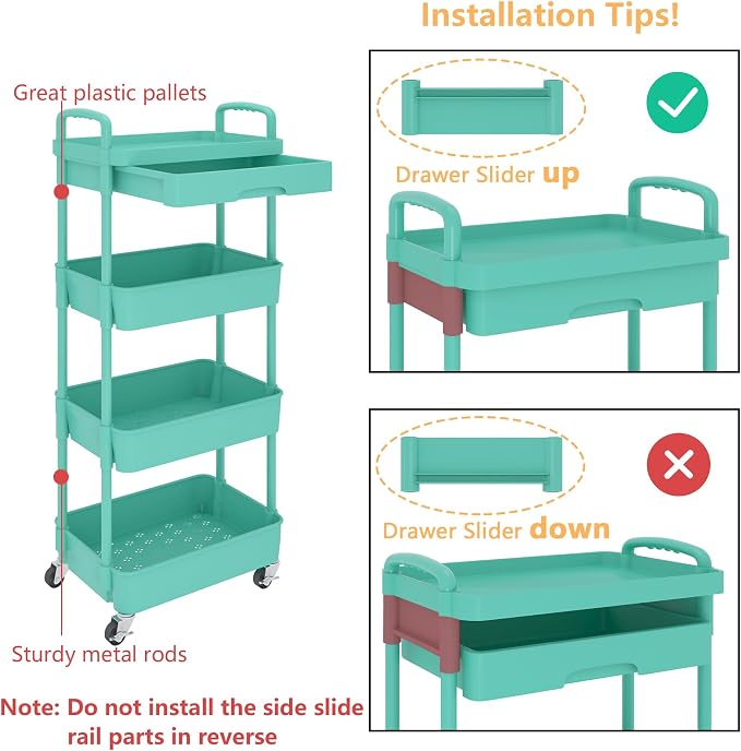 Calmootey 4-Tier Utility Cart with Drawer & Wheels, Storage for Home,Office | Space-Saving Organizer, Sturdy Plastic Shelves, Smooth-Rolling Metal Wheels, Built-in Drawer for Small Items, Green