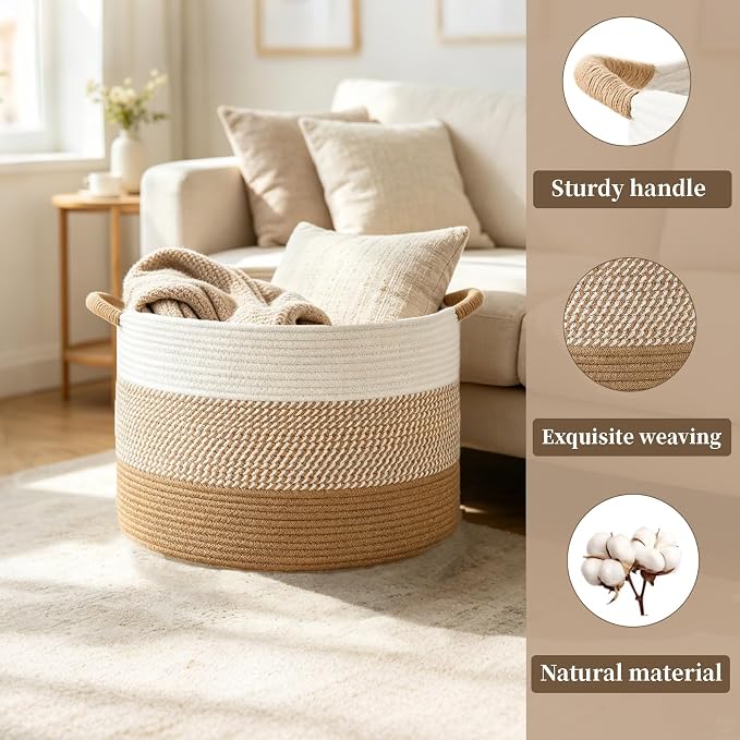 Large Cotton Rope Storage Basket, 70L Collapsible Woven Storage Bin Woven Blanket Basket with Handles Decorative Storage Bin for Living Room Bed Room Toys Laundry