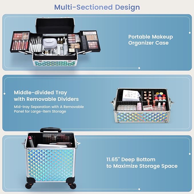 Rolling Makeup Train Case Cosmetology Case on Wheels 3 in 1 Blue | Cosmetic Trolley Large Storage with Keys 360° Swivel Salon Barber Case Traveling Cart Trunk for Artist Hairstylists Nail Tech