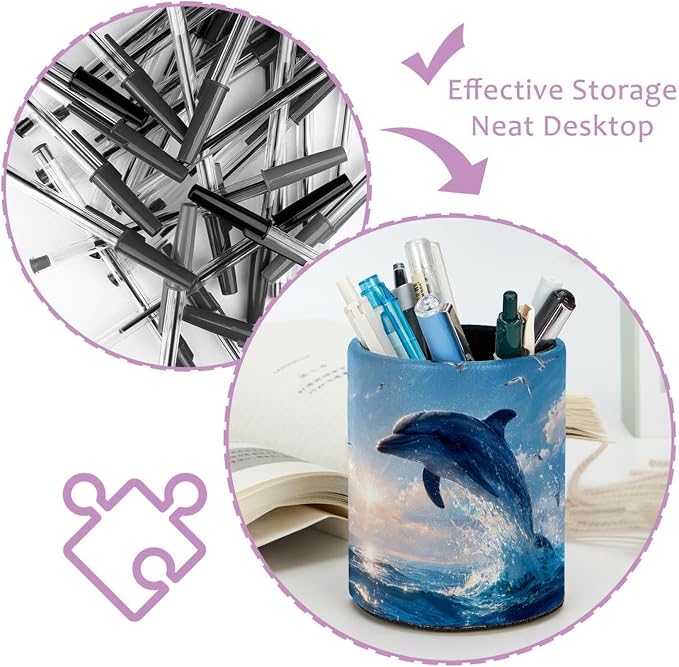 Faux Leather Pen Holder for Desk, Pencil Organizer Dolphin Pen Cup Desk Decor Makeup Brush Holder Storage for Office Home
