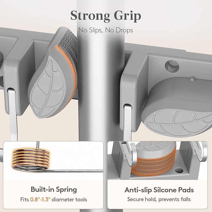 Lifewit Mop and Broom Holder Organizer Wall Mount Non-Slip, 1 Pack, Gray | Easy Install One Handed Push Cleaning Tool Hanger with 6 Hooks 5 Slots, Heavy Duty Hanging Utility Rack for Garden, Garage