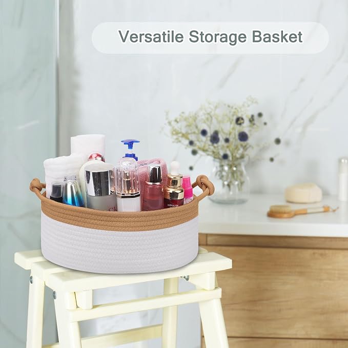 COMSE Small Gift Basket Empty with Bag & Ribbons, Camel & White | Cotton Rope, 12"x 8"x 5", Pet Toy Storage Organizer, Woven Basket for Birthdays, Baby Showers, Mother’s Day, Valentine’s Day