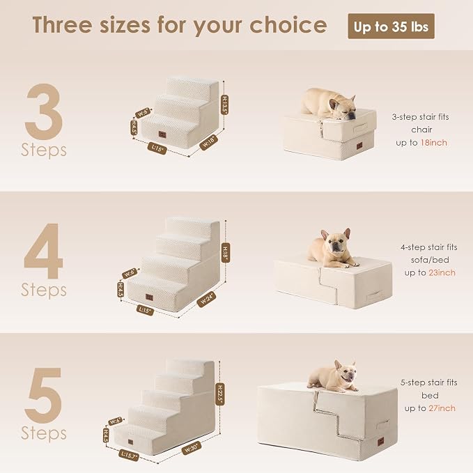 EHEYCIGA Dog Stairs for Bed 18" H, 4-Step Dog Steps for High Bed, Beige | Pet Steps for Small Dogs and Cats, Non-Slip Balanced Pet Ramp Indoor
