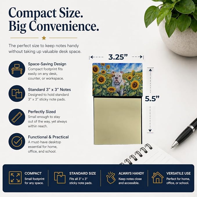 Caroline's Treasures American Bulldog in Sunflowers Watercolor Sticky Note Holder Refillable Dispenser Desk Accessory 3x3 Pad Gift