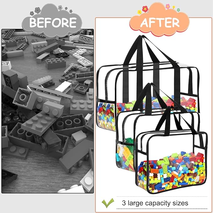 6 Packs Toy Storage Bags with Labels, Reusable Clear PVC Board Game Storage, Travel Waterproof Organizer Bags with Zipper Large Capacity (L, XL, XXL)