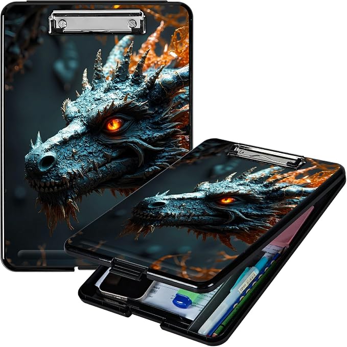 Heavy Duty Storage Clipboard, Slim Nursing Clipboard with Internal Pen Case, Portable File Organizer Case for A4 Letter Size Paper Office Medical Professionals, Forest Grey Dragon