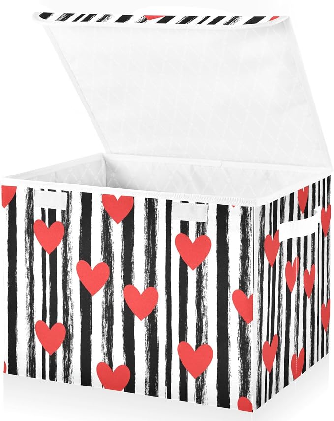Love Stripes Storage Bin Foldable Collapsible Fabric with Lid Handles 40L | Decorative Storage Boxes, 300D Oxford Cloth, Hollow Board Frame, Flip Top Velcro Lid, 16.5x12.6x11.8 inch, Collapsible Design