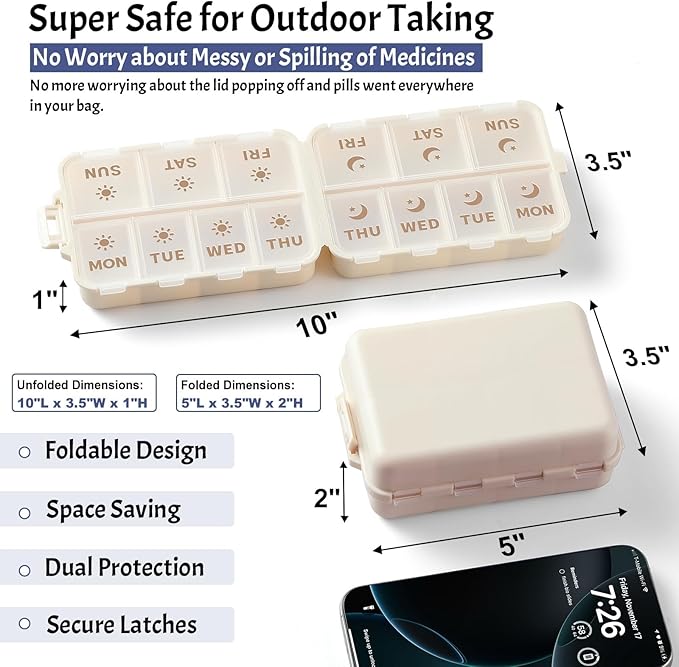 Compact & Foldable Weekly Pill Organizer 2 Time a Day, 7-Day AM PM Pill Box | Large Capacity, Dual Protection, Etched Labels- Week Daily Travel Vitamin Case Holder, Supplement Fish Oil Medicine Dispenser