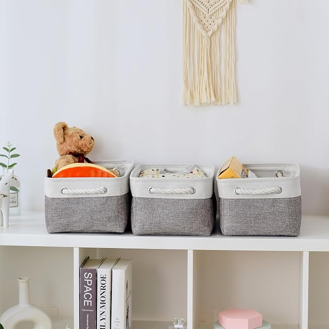 Storage Bins for Shelves - 13.8L×9.8W×6.7H inch 3 Pack Medium Collapsible Storage Baskets for Organizing | Fabric Storage Cubes for Linen Closet Toy Home (White&Grey)