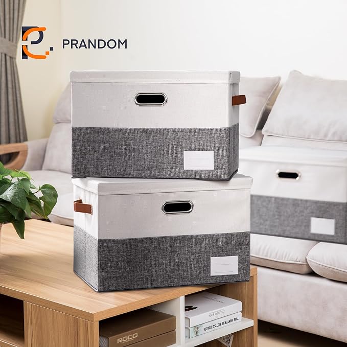 Foldable Storage Bins with Lids [3-Pack] Fabric Collapsible Storage Boxes Baskets Cubes Containers with Handles for Closet Living Room Bedroom (Grey & White 17.7x11.8x11.8'')