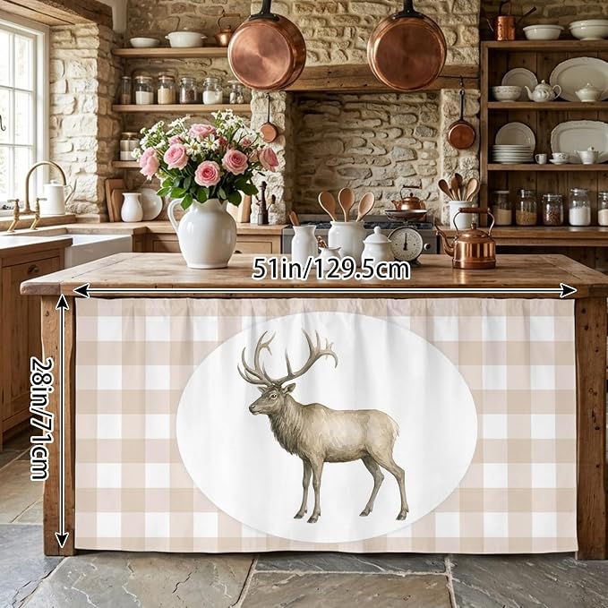 Majestic Buck Cabinet Curtains 28"x51" Sink Skirt for Bathroom Kitchen, Modern Natural Buck Rustic Farmhouse Plaid Self Stick Adhesive Under Desk Covers Tall Laundry Cabinet Storage Organizer