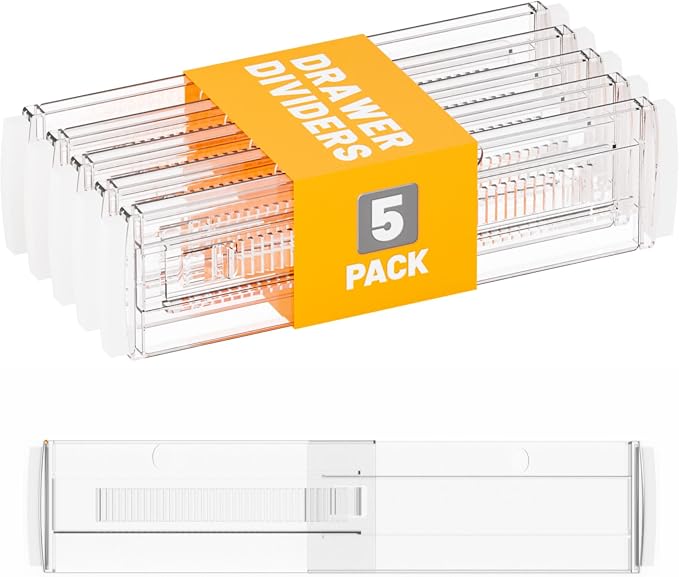 5 Pack 3.2 Inch Shallow Acrylic Drawer Divider for Clothes -Expandable from 12.3-17''-Adjustable Dresser Drawer Divider for Baby Clothing,Underwear,Clear in Drawer Separators for Kitchen,Office