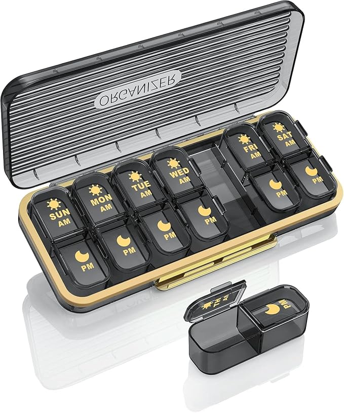 Acedada Pill Organizer 2 Times A Day, 7 Day Am Pm Pill Box, Black Grey | Weekly Pill Organizer Twice A Day, Portable Removable Daily Medicine Container Dispenser Case for Vitamin Fish Oil Supplement