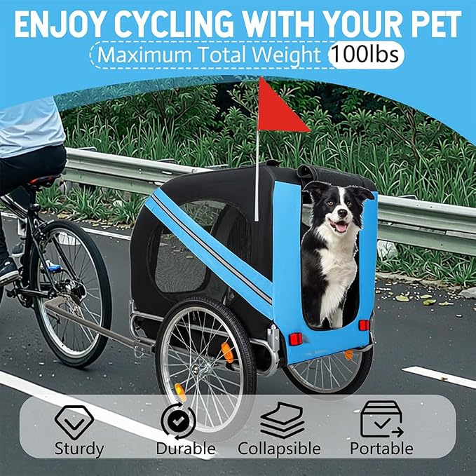 Dog Bike Trailer, Foldable Pet Bicycle Trailer with 20" Air-Filled Wheels, Universal Bike Hitch, Oxford Fabric & Steel Frame, Weather-Resistant Pet Carrier Cart for Small & Medium Dogs up to 66