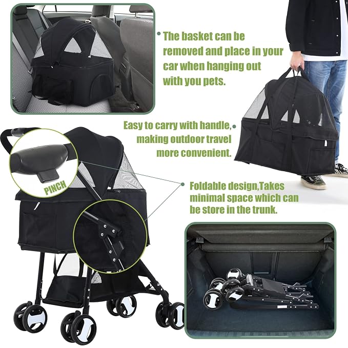 Dog Stroller 3-in-1 Folding Dog Stroller for Medium Small Dogs Pet Stroller Cat Stroller 4 Wheels with Detachable Carrier Storage Basket Waterproof Lightweight for Travel,Black