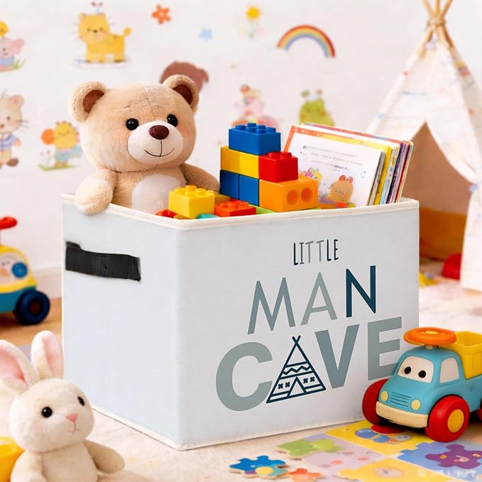 Little Man Cave Storage Bin, Foldable Fabric Basket for Boys Nursery | Foldable fabric storage bin with little man cave design for toys, books, clothes, nursery, bedroom, and playroom use.
