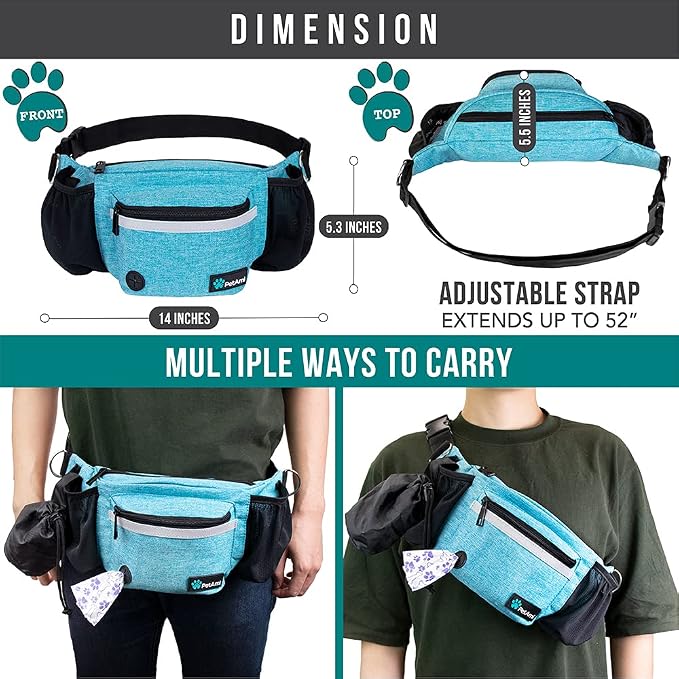PetAmi Dog Fanny Pack, Treat Pouch for Dog Walking Training, Turquoise Blue | Built in Poop Bag Dispenser, Water Bottle Holder, Collapsible Bowl, Pet Treat Waist Belt for Hiking Running Kibbles