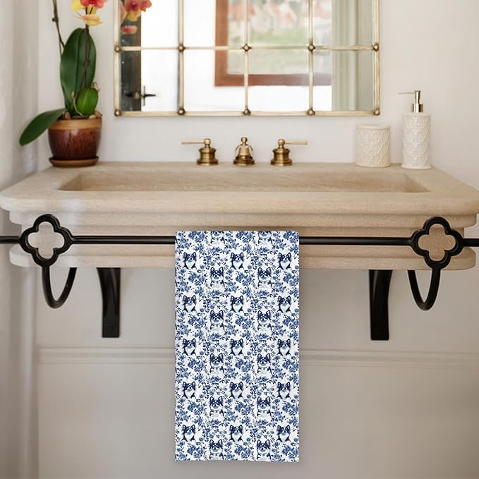Chicimln Chinoiserie Chihuahua Dog Kitchen Towels, Chihuahua Gifts for Women Men Decorative Hand Towels for Bathroom, Blue and White Dog Dish Tea Towel Drying Cloth for Kitchen Decor, 16x24 Inch