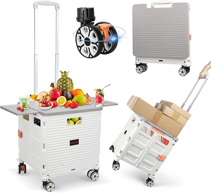 Foldable Utility Cart Folding Portable Rolling Crate with Magnetic Extended Lid,360°Rotate Wheels,176LBS Load Capacity,Heavy Duty Durable Dolly Cart for Teacher Tourist Shopping Office Outdoor(White)