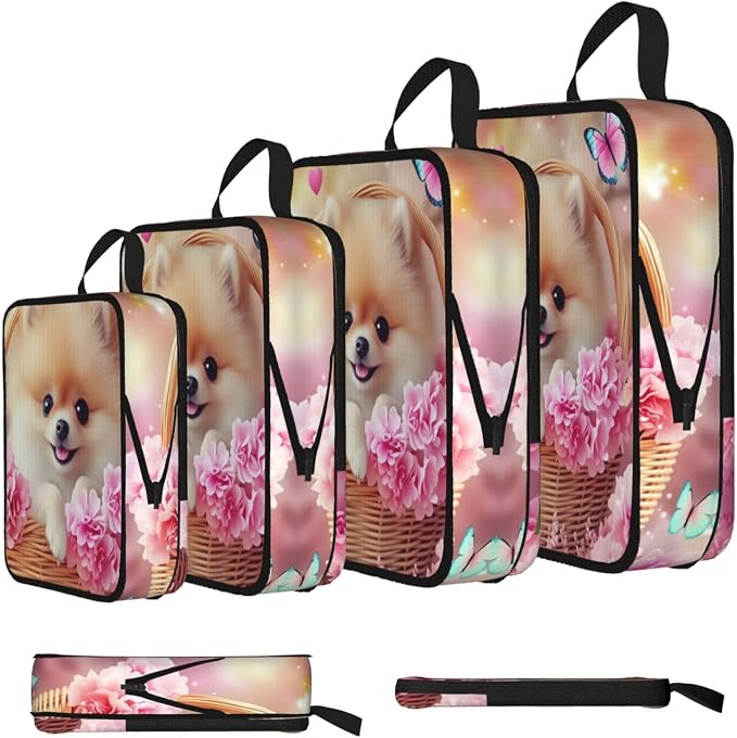 Adorable Pomeranian & Pink Flower Basket Compression Packing Cubes Set Of 4, Lightweight Expandable Travel Organizer Bags With Double Zipper For Vacation Business