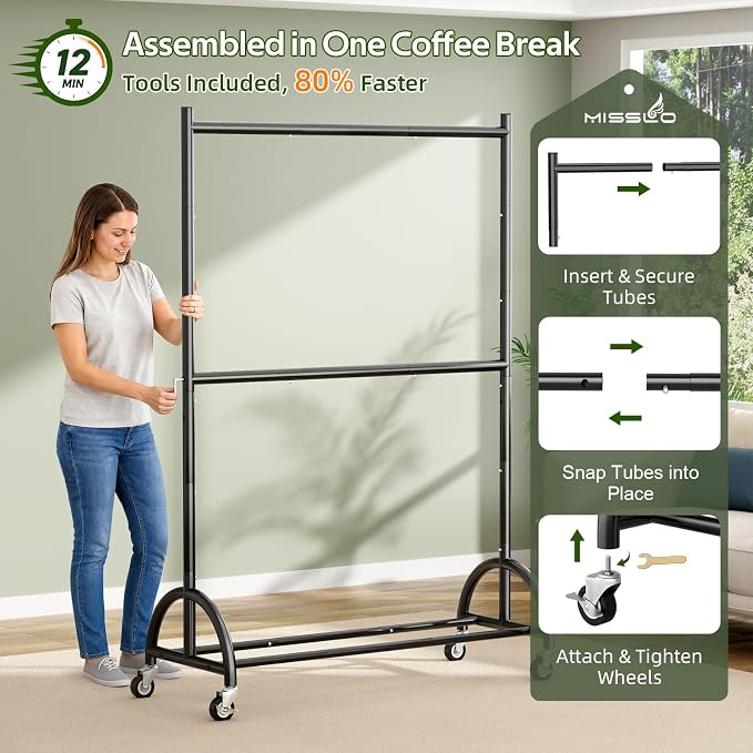 MISSLO Heavy Duty Clothing Racks for Hanging Clothes Double Rod Rolling Closet Rack with Wheels for Coats, Garment Storage, Black