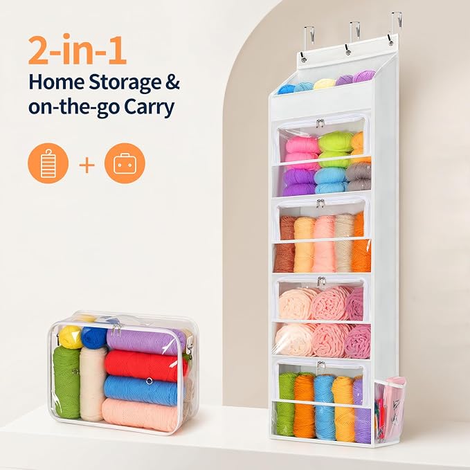 Yecaye Hanging Yarn Storage Organizer with 5 Zippered Closure Compartments, Stuffed Animal Storage with Clear PVC, Dustproof Yarn Holder for Crocheting Storage, Matte White 5 Tier with 1 Handbag