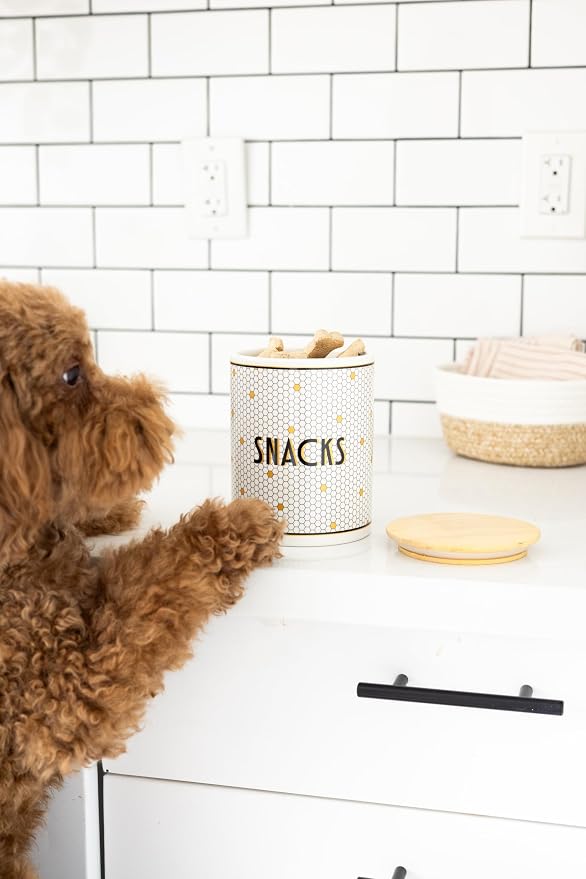 Pearhead Bistro Tile Ceramic Dog Treat Jar with Airtight Wooden Lid | 4 Cup / 32 oz, Cute Pet Treat Canister Keeps Dog Snacks Fresh – Durable, Easy-to-Clean Design, Kitchen Counter Décor