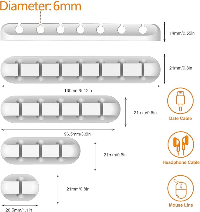 TviewSmart Cord Organizer for Desk, 5 Pack Cord Holders, Cable Clips, White | Silicone cable management clips self adhesive for nightstand and charger, 7-5-3-1-1 slots hold USB and phone cords up to 6 mm