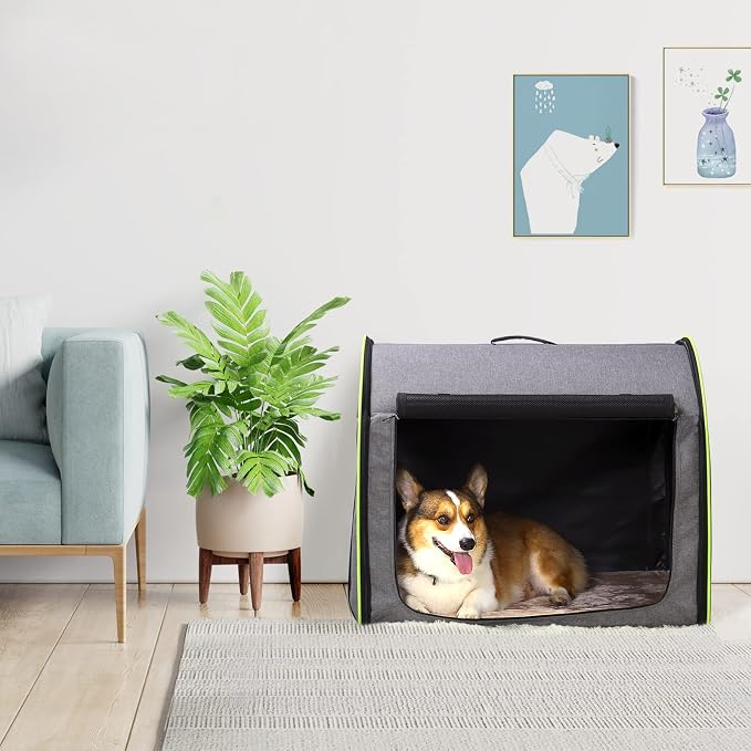 PETSFIT Collapsible Dog Crate, Travel Dog Crate - 30 Inch Lightweight, Roomy, Easy to Set Up, Sturdy Soft Dog Kennel with Thick Mat, Snowflake Grey