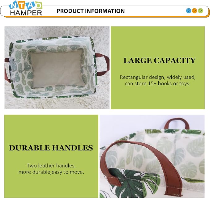 NTAOHAMPER Rectangular Green Storage Basket, Waterproof Safari Nursery Box with Handles for Bedroom, Jungle Theme Gifts Basket, Momstera Decor(Leaf)