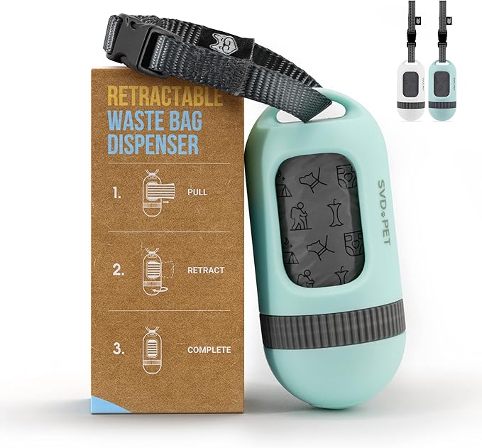 SVD.PET Dog Poop Bag Dispenser, Waste Bag Retractable, Misty Jade | Portable Poop Bag Holder, Fits Any Dog Leash, Leak-Proof Bag Starter Roll Included, Dog Walking & Travel Accessory