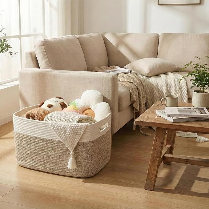 JMvicyroam 65L Large Woven Cotton Rope Blanket Basket, White&Oatmeal | Blanket storage for living room or bedroom use, Freestanding with reinforced handles, Entire basket is machine washable