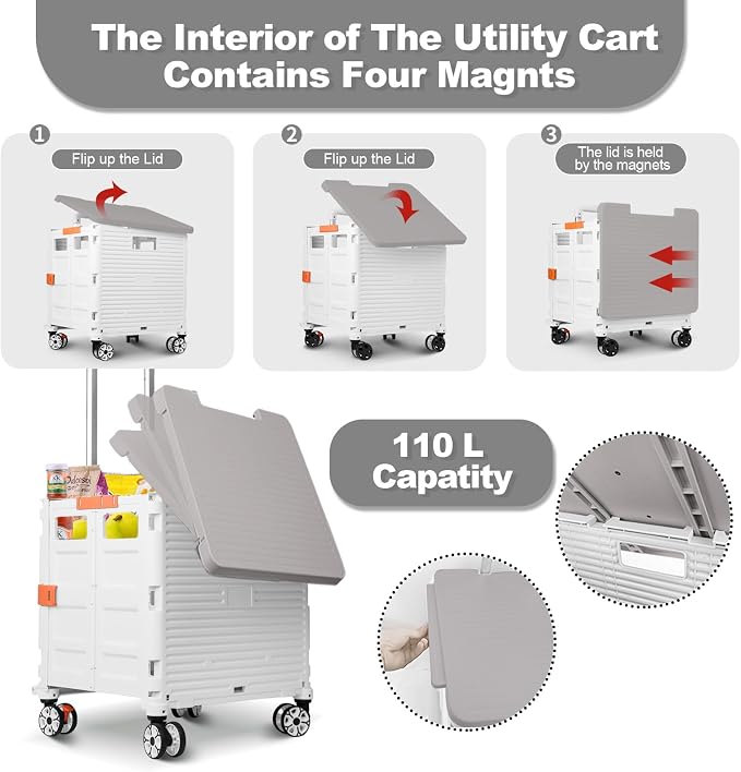 Foldable Utility Cart Folding Portable Rolling Crate with Magnetic Extended Lid,360°Rotate Wheels,176LBS Load Capacity,Heavy Duty Durable Dolly Cart for Teacher Tourist Shopping Office Outdoor(White)
