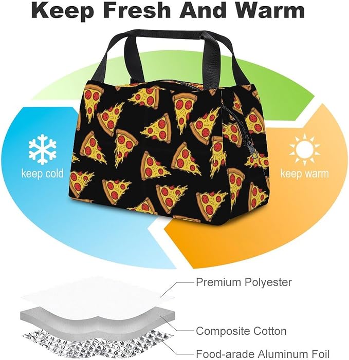 Insulated Lunch Bags for Daily Use, Pizza Print | Reusable Cooler Tote Leak-Proof, Comfy and Non Slip, Handheld Spacious Food Storage Bag, for Easy to Carry